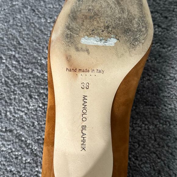 Manolo Blahnik Maysale Suede Buckle Kitten Heel Pumps Cognac Brown Size EU 38 - Picture 9 of 14
